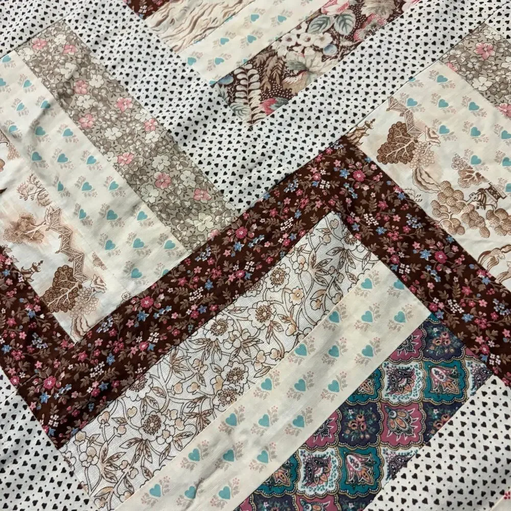 Vintage 1994 Handmade Patchwork Quilt Brown Geometric Rail Fence Twin XL 61x95